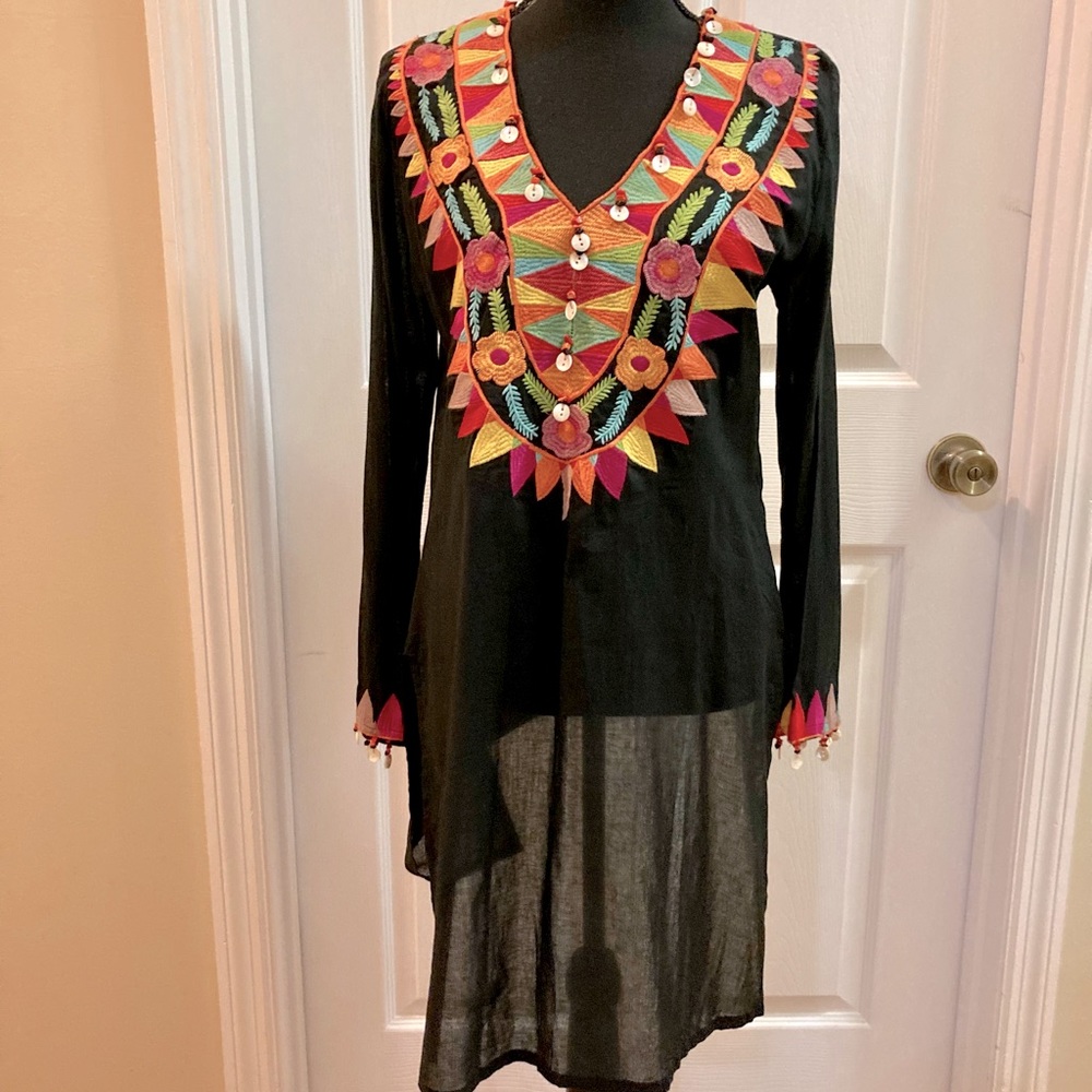 Embroidered Black V-Neck Swim Coverup